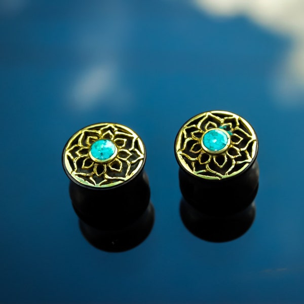 Sono wood ear plugs with lotus mandala and turquoise stone centre