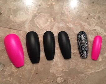 images Neon Pink Acrylic Nails With Glitter neon pink nails etsy