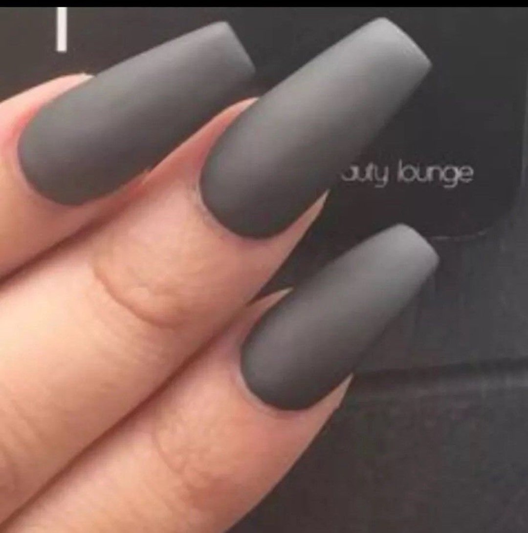 24 Matte Dark Gray Long Press on Nails kit glue on grey medium square –  surethings.net