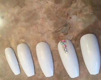 white Bling Rhinestone Glossy Long Coffin False Nails