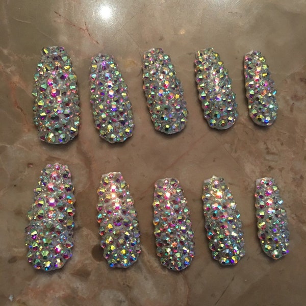 Super Bling Crystal Rhinestone long Coffin Diamond Bling set False Nails size medium . fake nails
