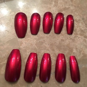 Metallic red Glossy Long Coffin ballerina stilettos Nails . press on nails. fake nails