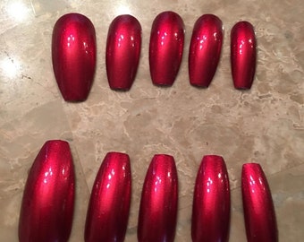 Metallic red Glossy Long Coffin ballerina stilettos Nails . press on nails. fake nails