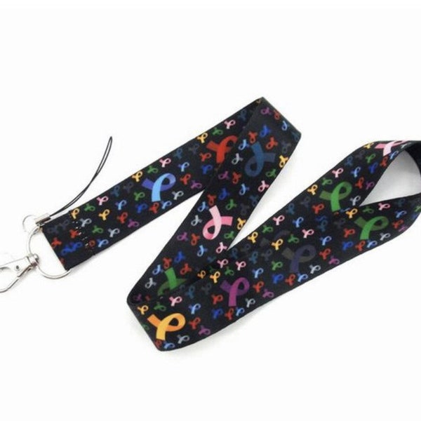 Multi color cancer ribbon  black lanyard Cancer Awareness Lanyard Id Badge Holder Keychain