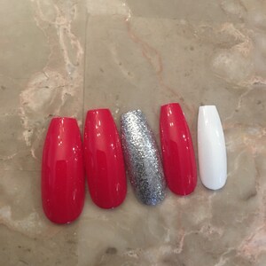 Red Silver & white Coffin False Nails