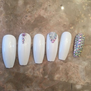 white coffin bling rhinestone false nails