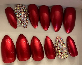 Metallic red  stiletto bling False Nails press on nails. fake nails