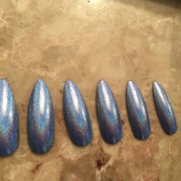 Blue Holographic Stiletto False Nails