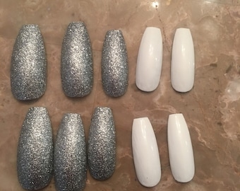 Silver Glitter & white Coffin False Nails