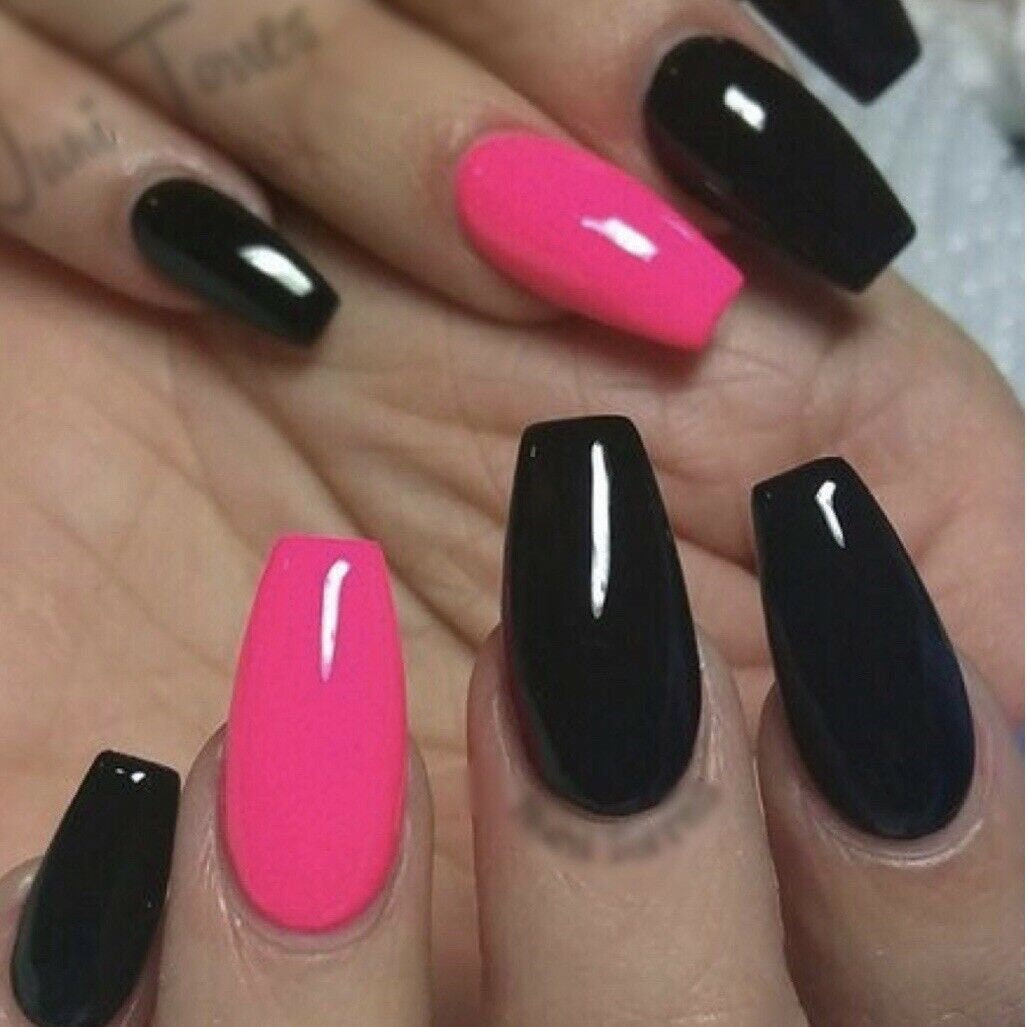 Pink & Black Glossy Coffin False Nails - Etsy