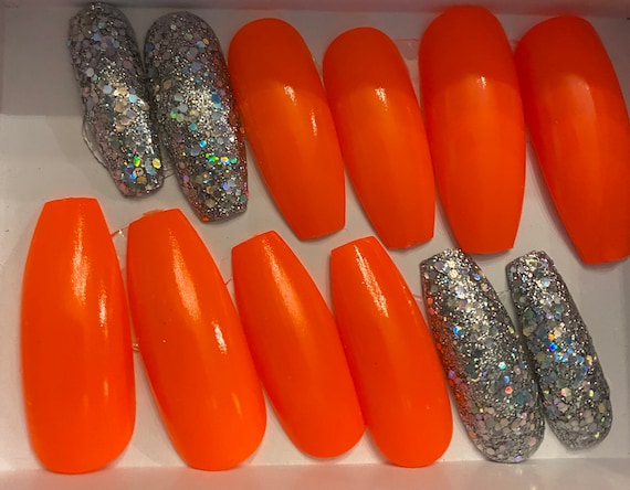 Halloween Pumpkin Orange And Glitter Long Coffin False Nails Etsy