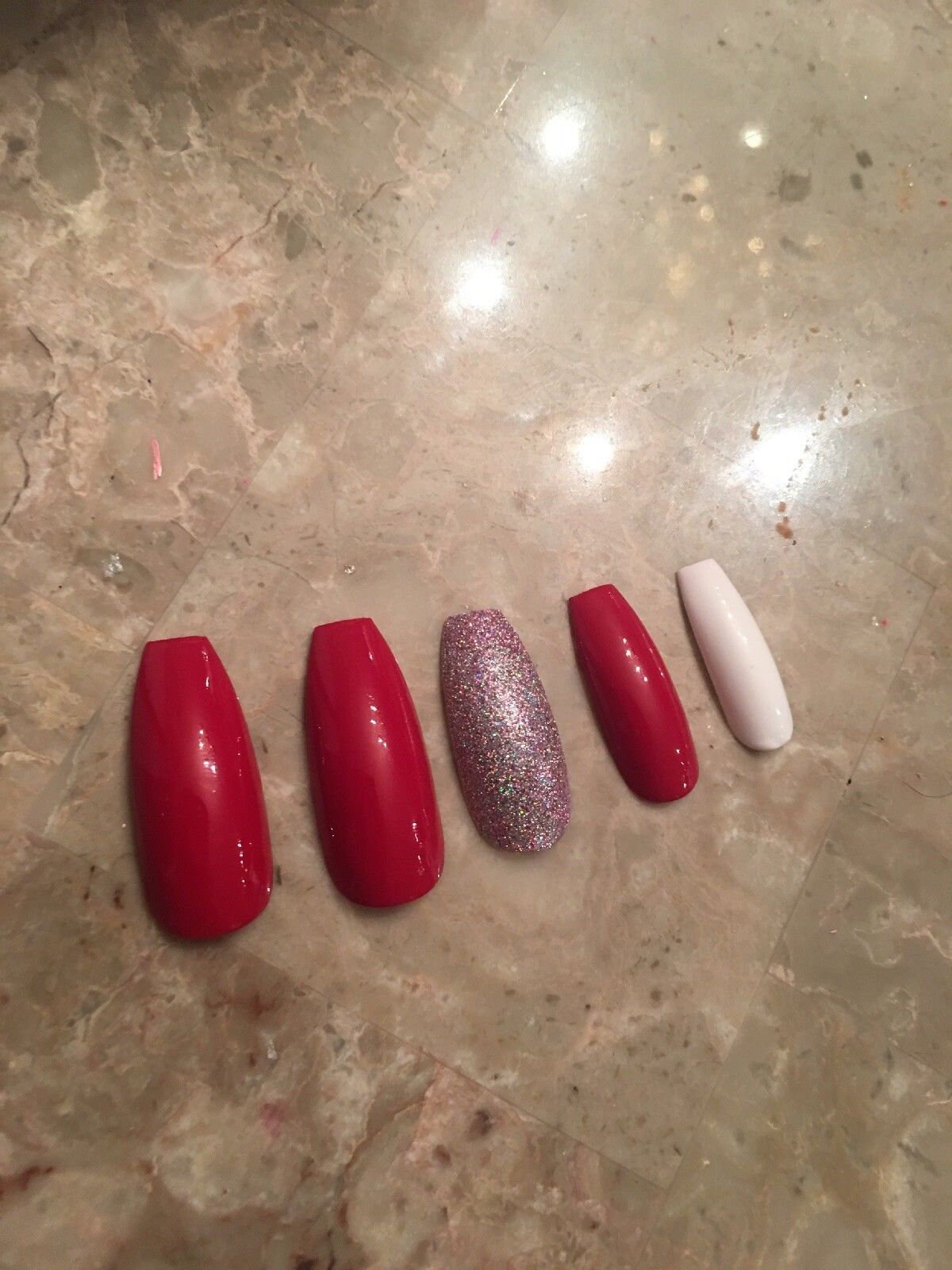 Red White Glitter Long Coffin Nails Etsy Hong Kong
