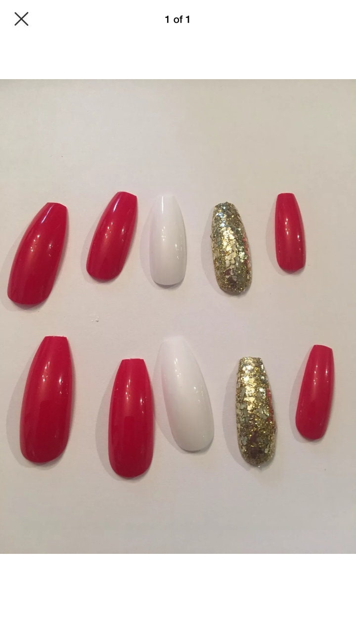 Red White Gold Long Coffin False Nails Etsy Singapore