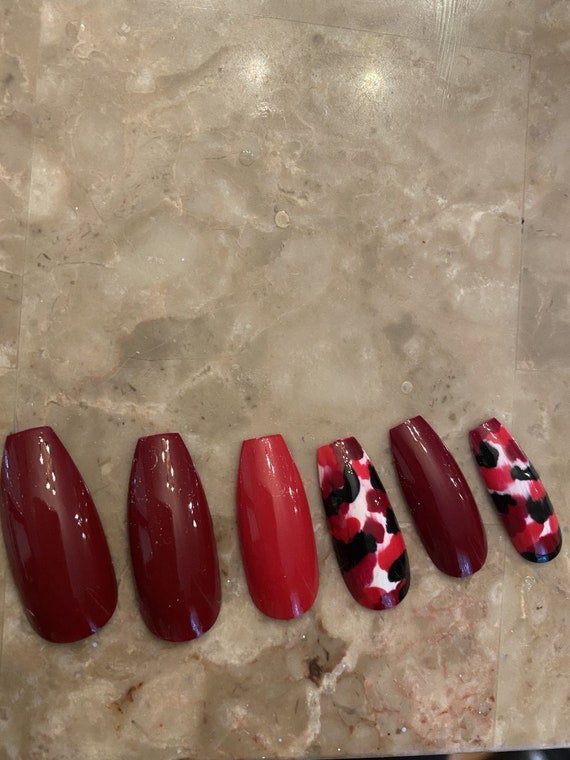 Red Camouflage Camo Long Coffin False Nails Etsy Ireland