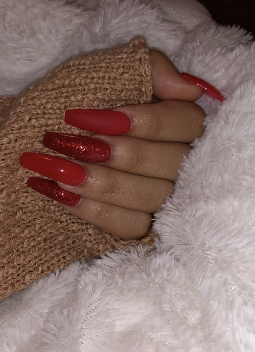 Matte Red Shine Glitter Long Coffin False Nails Etsy