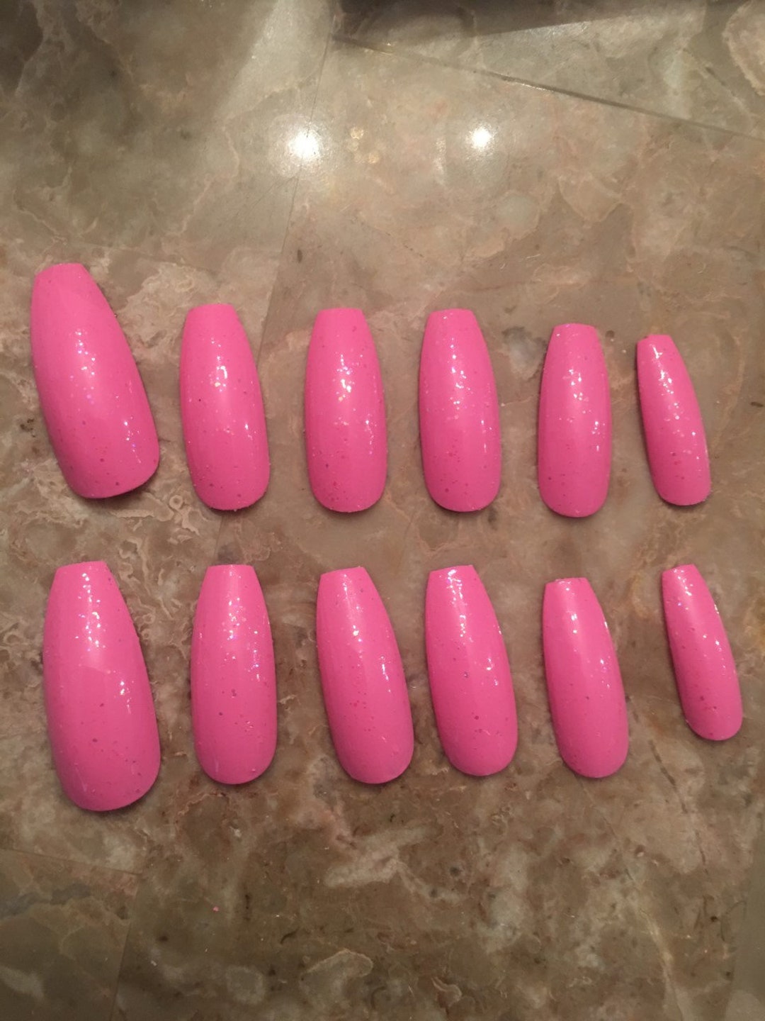 Pink Glitter Coffin False Glue on Nails - Etsy