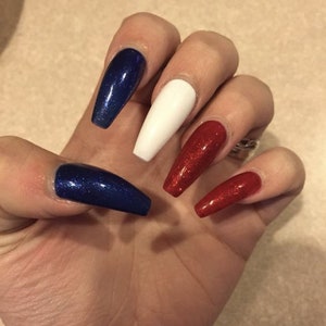 Red White Blue patriotic  glitter long Coffin False Nails