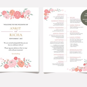 Indian Hindu Wedding Program, Floral,Custom Wedding Program, Hindu Ceremony, Wedding Infographic Guide, Printable Template, Instant Download