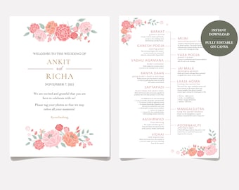 May include: A wedding invitation with floral designs in pink and green. The invitation includes the names Ankit and Richa, the date November 7, 2021, and the hashtag #yourhashtag. The second page lists the traditional Indian wedding ceremony events in English.