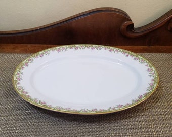 Vintage Noritake The Alsace Serving Tray, 11 3/4" Long made in Early 1900's, Green Border, Pink Floral and Gold Trim Oval Tray