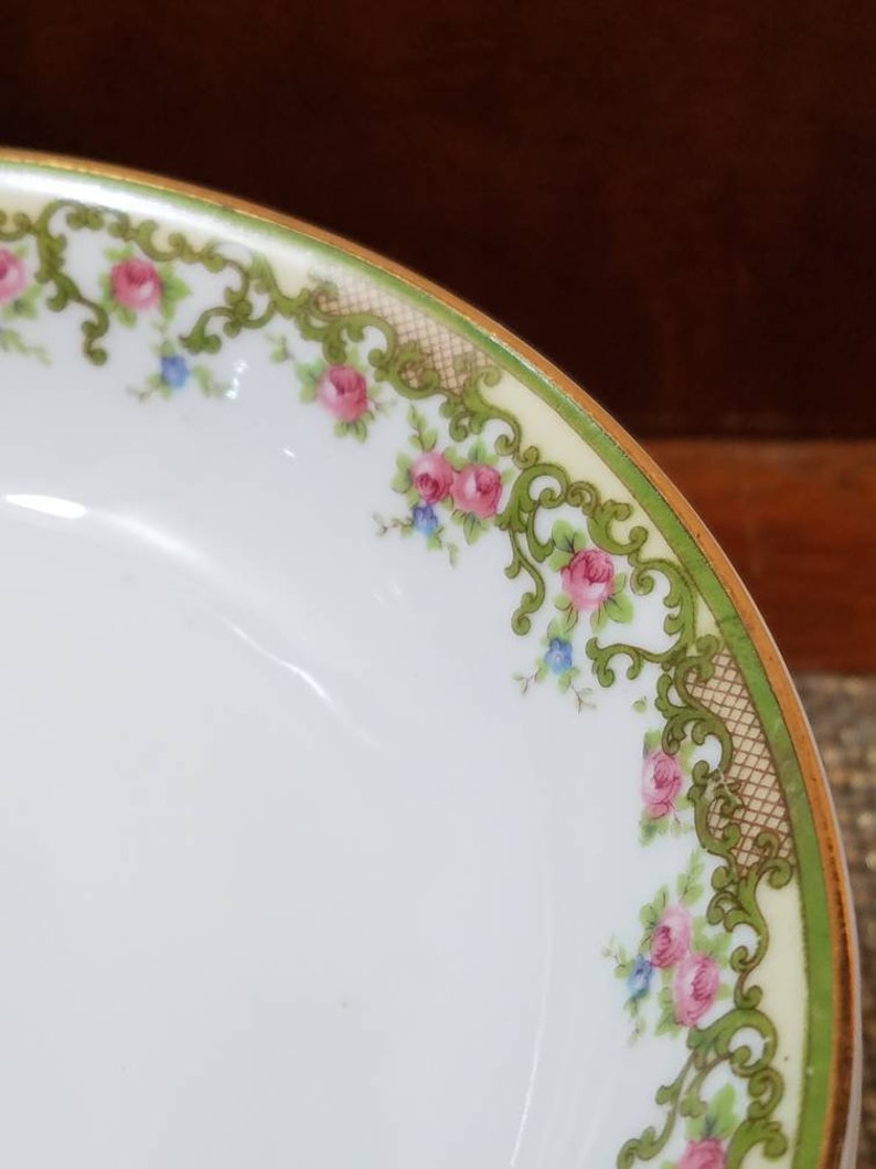 Green Border 5 14 Diameter made in the Early 1900/'s Vintage Noritake The Alsace Dessert Bowl Set of 10 Pink Floral and Gold Trim