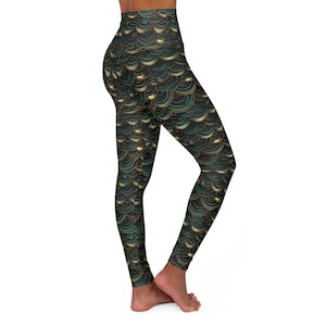 Green and Gold Art Deco Scales High Waisted Yoga Leggings, Mermaid Scales Yoga Pants, Runs Small so order a size up! Made to Order