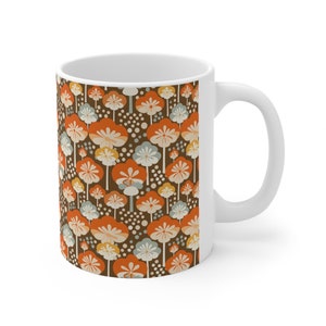 Retro Mushroom Rampage Ceramic Mug 11oz, Brown Orange Blue, Retro 1970s, Made to order
