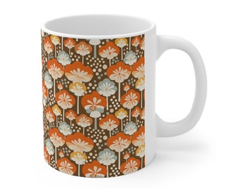 Retro Mushroom Rampage Ceramic Mug 11oz, Brown Orange Blue, Retro 1970s, Made to order