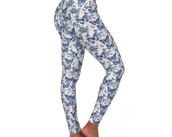 Blue Butterfly Bliss Toile High Waisted Yoga Leggings, Yoga Pants, Runs Small so order a size up! Made to Order