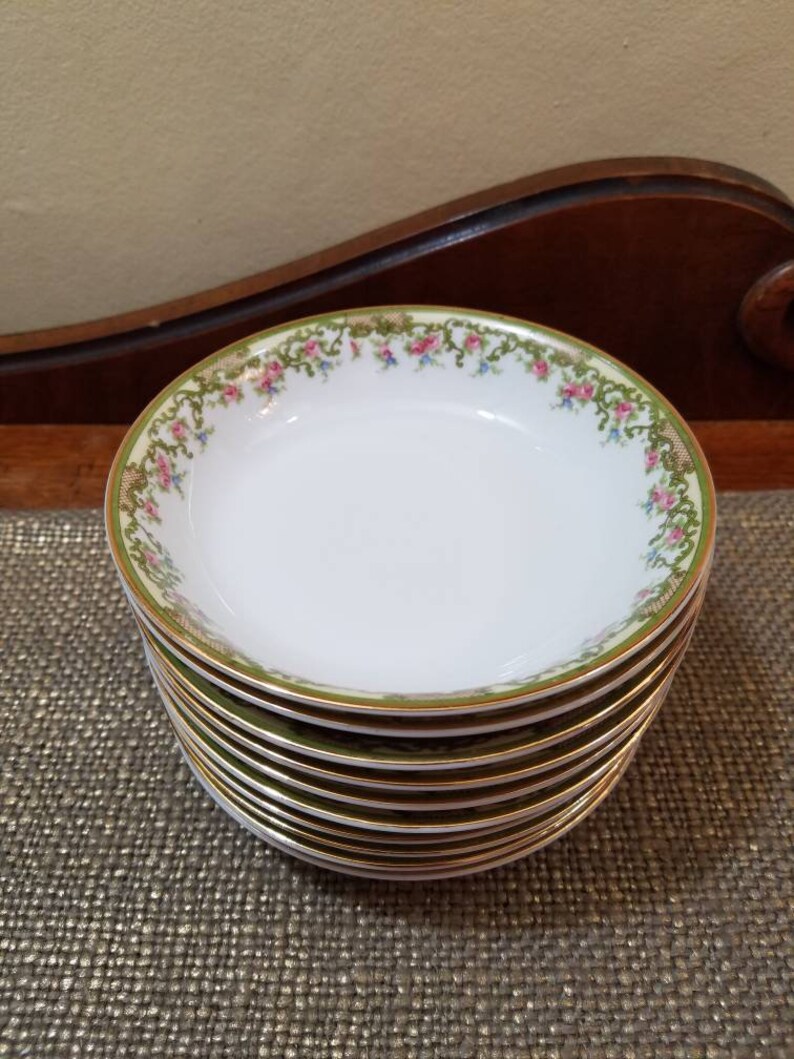 Green Border 5 14 Diameter made in the Early 1900/'s Vintage Noritake The Alsace Dessert Bowl Set of 10 Pink Floral and Gold Trim