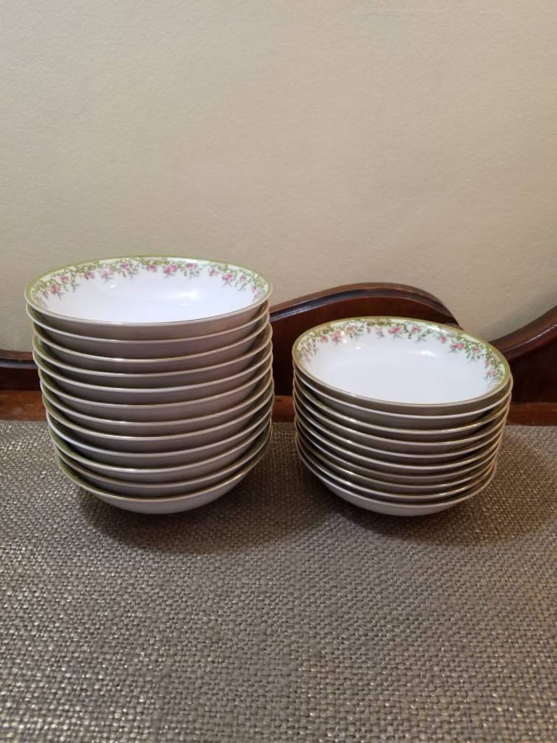 Green Border 5 14 Diameter made in the Early 1900/'s Vintage Noritake The Alsace Dessert Bowl Set of 10 Pink Floral and Gold Trim
