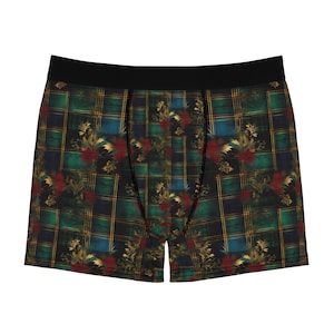 Black Watch Red Rose Brocade Men&#39;s Boxer Briefs, Plaid Tartan, Masculine Floral, 3-4 Week Delivery