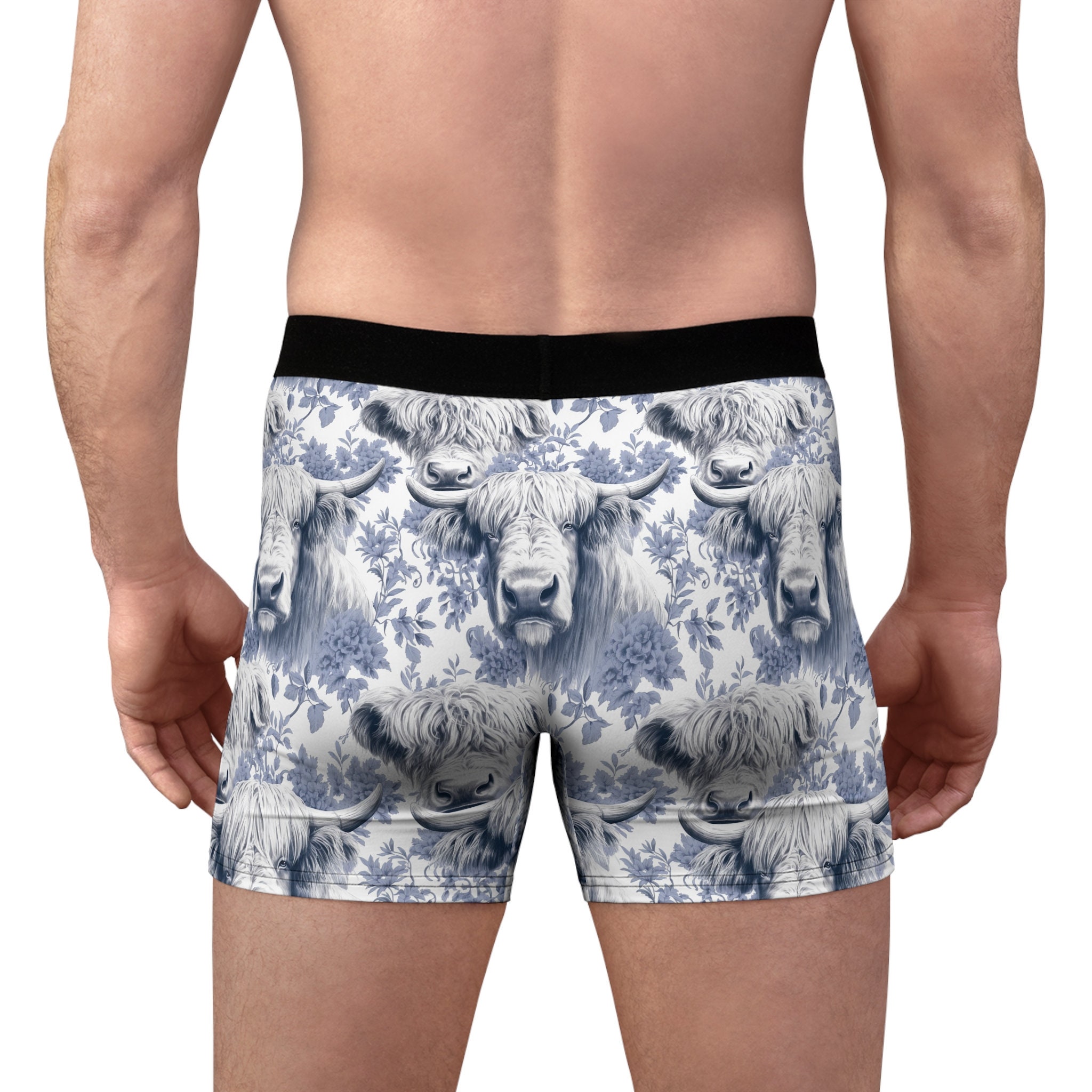 Highland Cow Toile Men's Boxer Briefs, Blue and White Toile, Hairy Coo ...