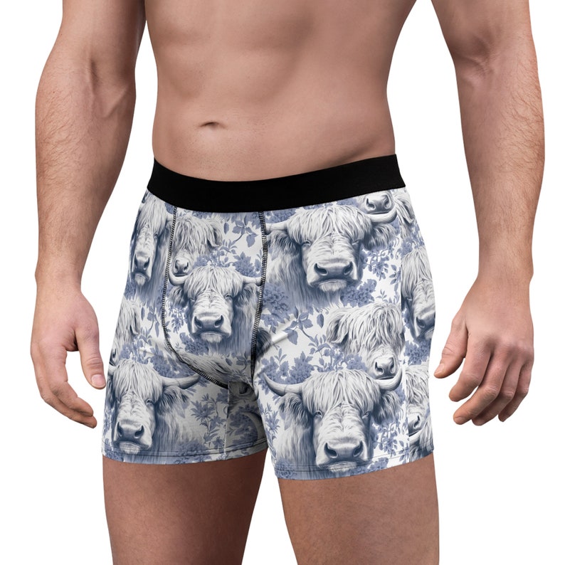 Highland Cow Toile Men's Boxer Briefs, Blue and White Toile, Hairy Coo ...