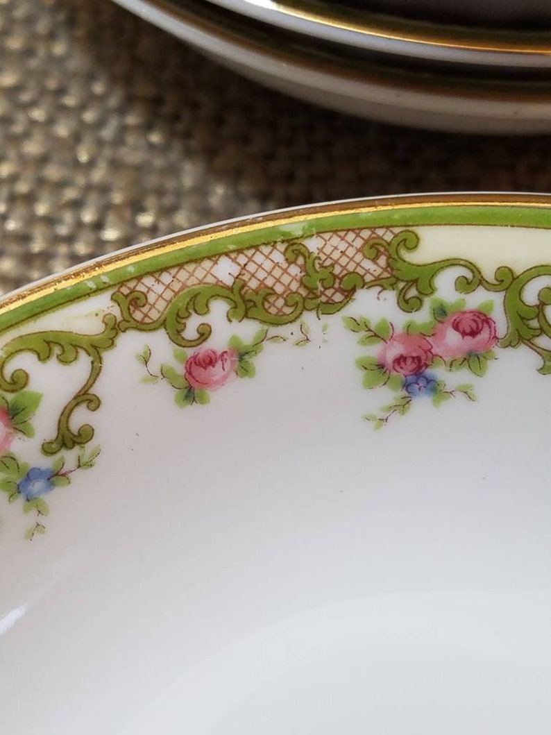 Green Border 5 14 Diameter made in the Early 1900/'s Vintage Noritake The Alsace Dessert Bowl Set of 10 Pink Floral and Gold Trim