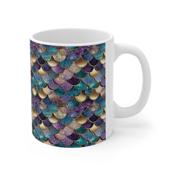 Plum Art Deco Mermaid Scales  Ceramic Mug 11oz, Purple. Blue and Gold, Art Nouveau, Girly Mug, Mermaid Scales, Jewel tones