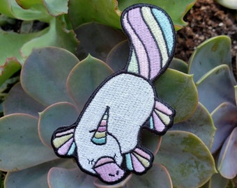 Piper the Platycorn (Platypus Unicorn) Iron On Patch, DIY Party Supply, Applique, Embellishment, Pastel Rainbow, 100% Embroidered