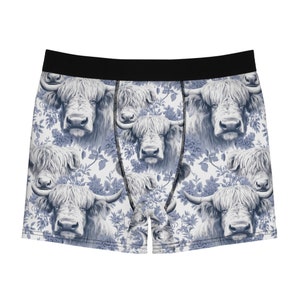 Highland Cow Toile Men&#39;s Boxer Briefs, Blue and White Toile, Hairy Coo, 3-4 week delivery