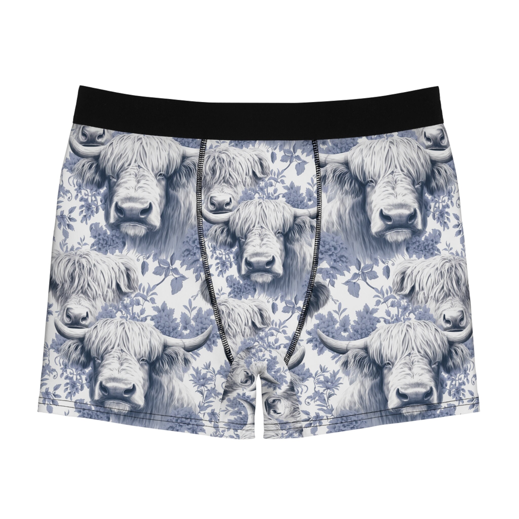 Highland Cow Toile Men's Boxer Briefs, Blue and White Toile, Hairy Coo ...