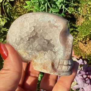 Druzy Pink Amethyst Crystal Skull Carving with Quartz