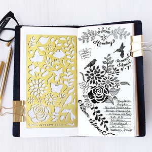Brass Nature & Flowers Stencil, Bullet Journal, A5, Midori (4x7 inch)