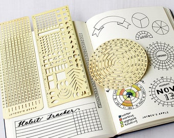 Matte Gold Brass Journal Stencil Set: Circle, Grid, Checklist - A5 & TN