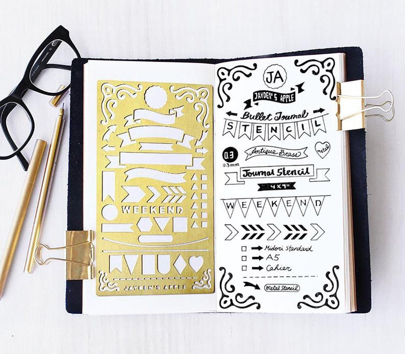 Planner Stencil, Bullet style Journal Stencil, Banners and Flag Stencil fits A5 journal & Regular TN Banner L image 1