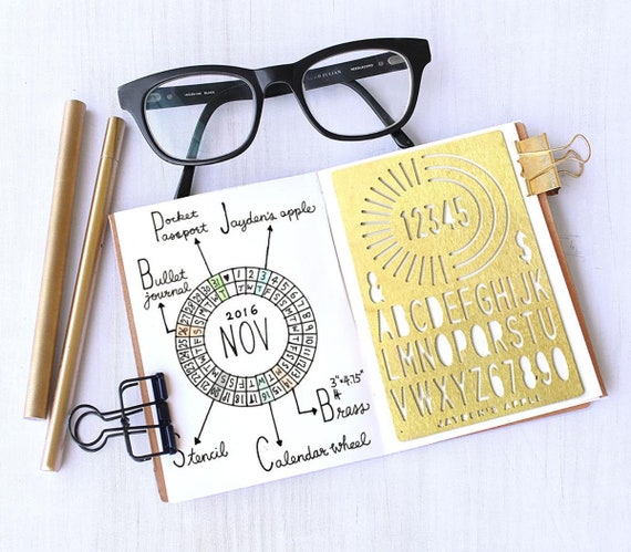 Brass Bullet Journal Stencil, Calendar Wheel, Alphabet Stencil, Pocket Size