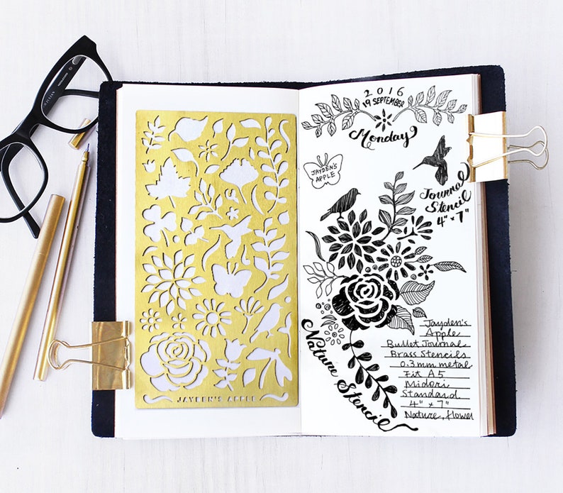 Planner Stencil, Bullet Journal Stencil, Nature, Flowers Stencil - fits A5 journal & Midori Regular (Nature L)