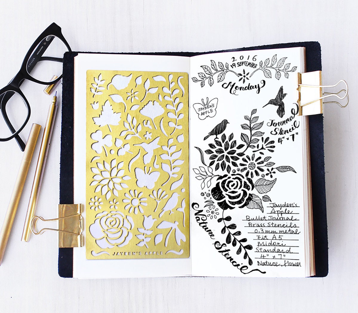 Planner Stencil, Bullet style Journal Stencil, Wreath and Flowers Stencil -  fits A5 journal & Regular TN (Wreath L)