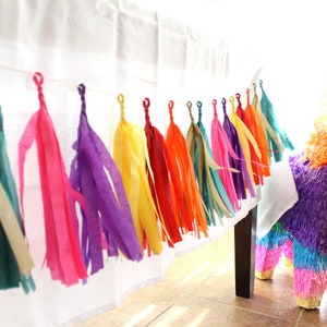 A fiesta themed llama pinata sits beside a tissue tassel garland strung with hot pink, purple, yellow, red, orange, gold and teal tissue tassels.