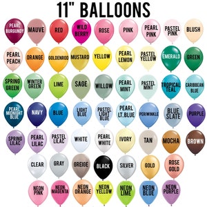 A color coded guide to 11 inch sized balloons ranging from pearl burgundy to neon purple.