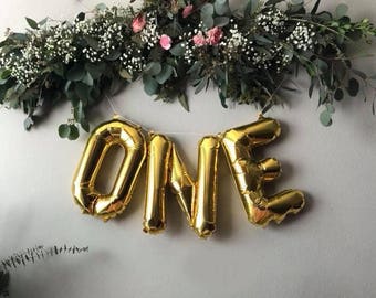 ONE Balloon Banner - First Birthday Photo Prop (Gold, Rose Gold, Silver)