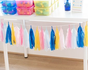 Pink Blue Tissue Tassel Garland, Parisian Tassel Garland, Gender Neutral Tassel Garland, Baby Shower Garland, Gender Reveal Banner, Tassels